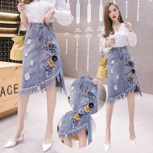 Ripped Jeans Skirt Women Fashion Beading Floral Embroidery High Waist Asymmetrical Denim Skirts Female Sweet A-Line Tassel Skirt