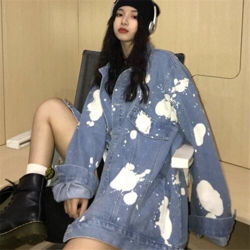 2021 Spring Autumn Fashion New Loose Large Size Single-Breasted Long-Sleeved Hip-Hop Retro Graffiti Denim Jacket Female Trend