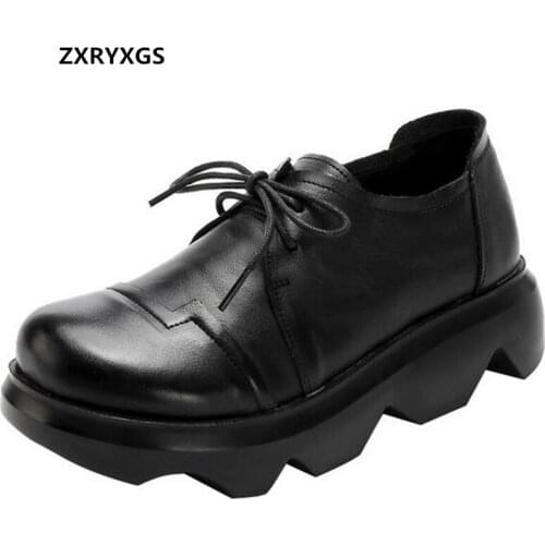 Promotion 2020 Autumn Thick Bottom Platform Shoes Increased Non-slip Flat Shoes Toe Layer Cowhide Leather Shoes Womens Shoes