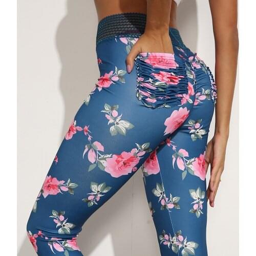 Women High Waist Sexy Flower Printed Hip Wrinkle Pocket Yoga Leggings Slim Fit Elastic Floral Girl Running Fitness Sports Tights