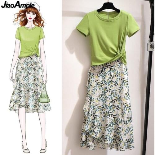 2020 Summer Korean Fashion T-shirt Skirt Set Women Graceful Print Dress Girls Students Casual Sweet Clothing Wholesale