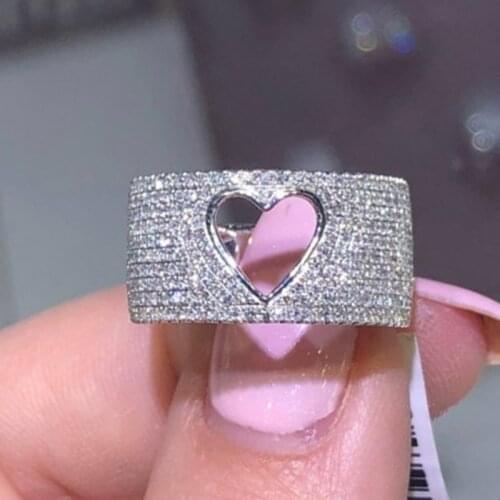 Luxury Crystal Rings for Women Hollow Love Heart Punk Design White Cubic Zircon Wide Finger Ring Silver Plated Jewelry Gift