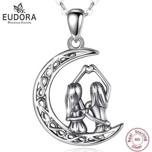 Eudora Real 925 Sterling Silver Good Sisters Moon Pendant Neckalce Women Fashion Sliver Jewelry for Birthday Gift Box CYD640