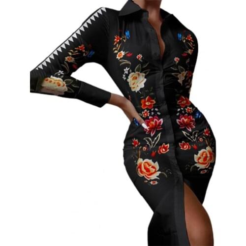 Turn-Down Collar Buttons Closure Women Dress Long Sleeve Striped Print Floral Print Waist Tight Bodycon Dress Slim Ladies Dress