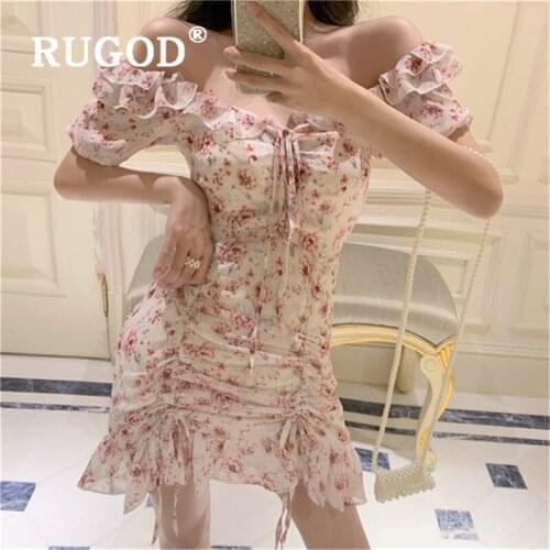 RUGOD 2020 New Women Summer Chiffon Dress Korean Chic Floral Print Bag Hip Dresses Temperament vestidso