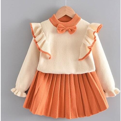 Girls Winter Clothes Set Long Sleeve Sweater Shirt Skirt Children 2 Pcs Clothing Suit Bow Baby Outfits for Kids Girls Clothes