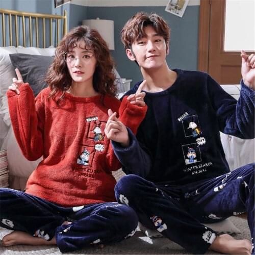 Winter Flannel Pijama Mujer Couple Pyjamas Set O-Neck Plus Size Home Pajamas Suit Cartoon Women Men Sleepwear Home Wear Clothing