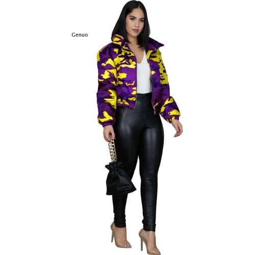Camouflage Print Winter Puffer Jacket Women Zip Up Cropped Bubble Coat 2021 Fashion Parkas Plus Size Clothing