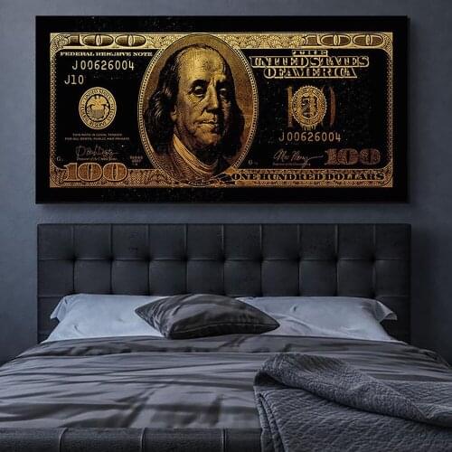 Golden 100 Dollar Bill Money Posters Canvas Decorative Prints Wall Art Paintings Home Decor for Living Room Pictures Decorations