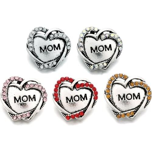 10pcs/lot New Heart MOM Snap Buttons Rhinestone Snap Fit 18mm Snap Jewelry Metal Buttons Bracelet Mothers Day Gift