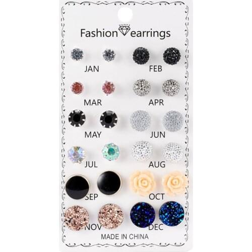 12Pairs/set Colorful Round Crystal Rhinestone Flower Shape Stud Earring Jewelry With Cardboard Fashion Jewelry Gift