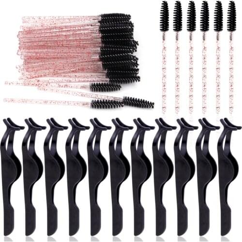 24Pcs Plastic Eyelash Extension Tweezers False Eyelashes Clip Applicator Tool 100Pcs Lash Brush Mascara Wands Spoolie Applicator
