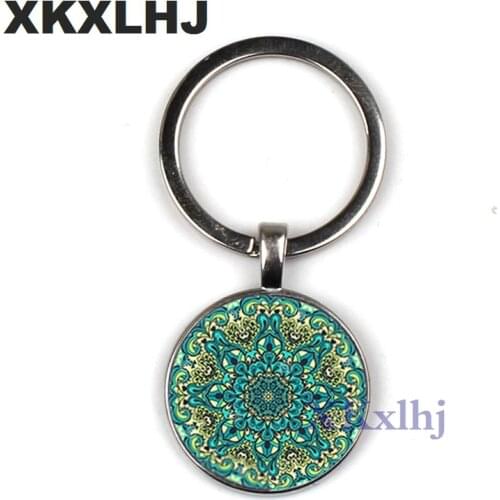 XKXLHJ new Buddhist Zen Henna Yoga Keychain Glass convex Round Mandala Lotus Keychain om Symbol Jewelry