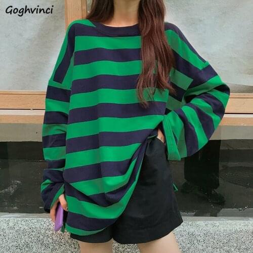 T-shirts Womens Striped Basic Korean Style Loose Leisure Oversize Lazy All-match Vintage Classic Female Streetwear Simple Tees
