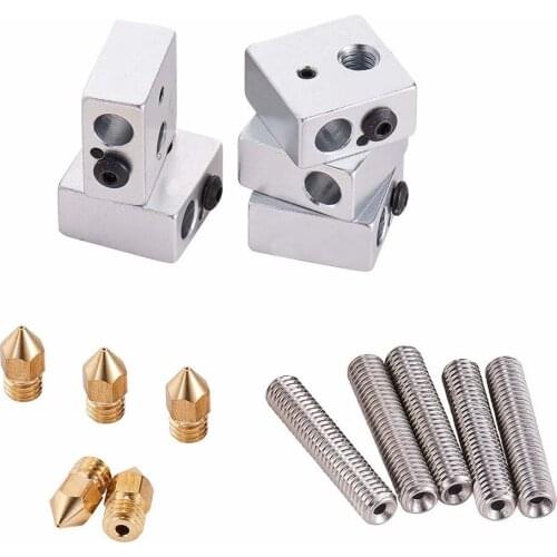 30mm Throat Tube + 5pcs 0.4mm Brass Extruder Nozzle + 5pcs Heater Blocks Hotend For Mk8 Makerbot Anet A8 3d Printer
