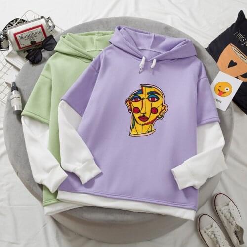 Face Art Graphic Hoodies for Patchwork E Girl Cartoon Sweater Oversized Sweatshirt Aesthetic Young Women Hoodie Long Sleeve Coat