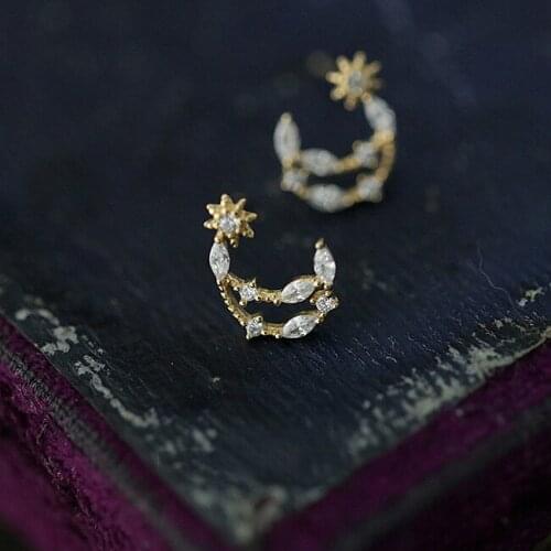 Dainty Female Crystal Moon Star Earrings Real 100% 925 Sterling Silver Gold Wedding Earrings For Women Cute Small Stud Earrings