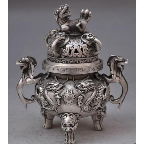 Chinese buddhist manual old silver copper dragon lion statues incense burner