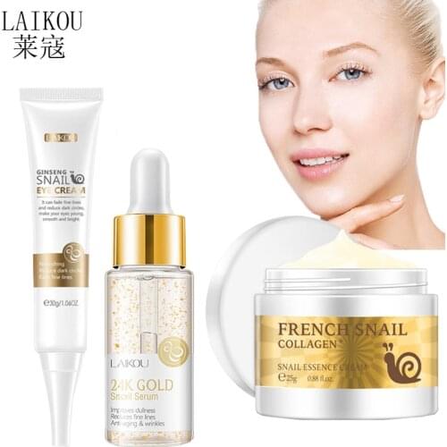 LAIKOU Snail Collagen Cream Anti Wrinkle Eye Cream Anti Aging 24K Gold Face Serum Whitening Moisturizing Essence Skin Care Set
