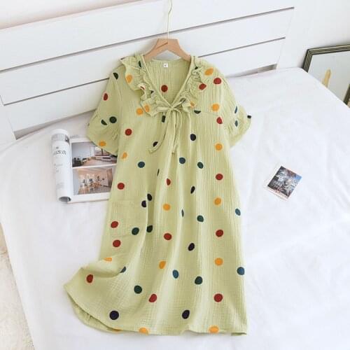 Summer Sweet and Lovely Nightgowns Washed Cotton Yarn Dress Short Sleeve Night Gown Lace Long Loose Nightdress Women Sleepwear
