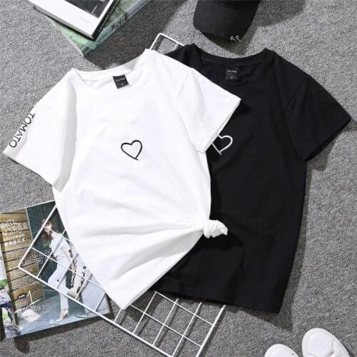 Summer Couples Lovers T-Shirt For Lady Student Casual White Tops Women T Shirt Love Heart Embroidery Print Tshirt Female