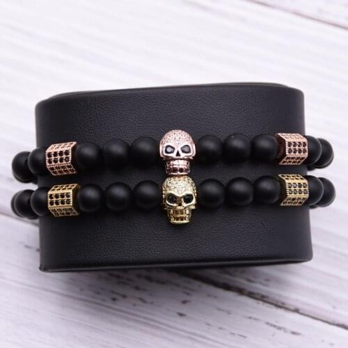 Brand Trendy Natural Beads Strand Bracelet Micro Pave CZ Skeleton Skull Black Lucky Stone Energy Men European Buddha Jewelry