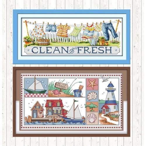 Impression of Seaside Cartoon Patterns DIY Embroidery Kit Drying The Clothes Printing Painting Cross Stitch Kits Needlework Sets