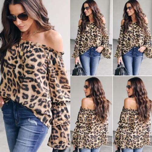 New Hot Women Off Shoulder Shirt Long Sleeve Blouse Leopard Printed Ladies Tops Blouse Korean Style Streetwear