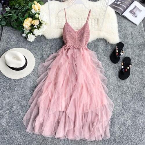 FTLZZ New Women Tulle Dress Summer High Waist Mesh Dress Hem Asymmetrical Pleated Dress Female Slim Fairy Dresses