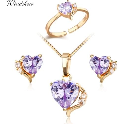 Lavender Purple Love Heart CZ Pendant Necklace Stud Earrings Ring Yellow Gold Color Small Jewelry Sets for Kids Girls Children