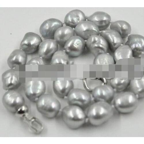 Nature 9-10 MM gray barpque freshwater cultured pearl necklace 925 silver