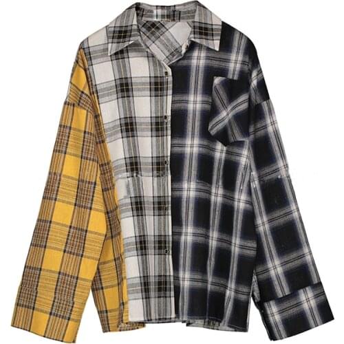 Spring Shirt Women Plaid Shirt Cotton Long Sleeve Patchwork Blouse for Girls Korean Top Streetwear Brand Shirt