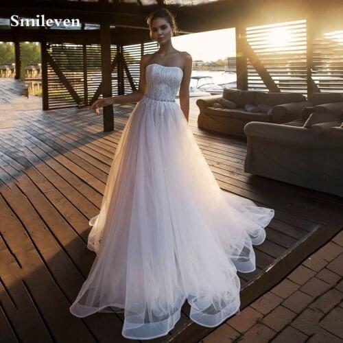 Smileven Princess Wedding Dresses Strapless Beaded Sash Robe De Mariee Boho Lace Bridal Dresses Sleeveless Wedding Gowns