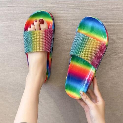 Rhinestone Bling Beach Slides Women Slippers Flip Flops Summer Casual Shoes Crystal Rainbow Sandals Slip On Flat Footwear