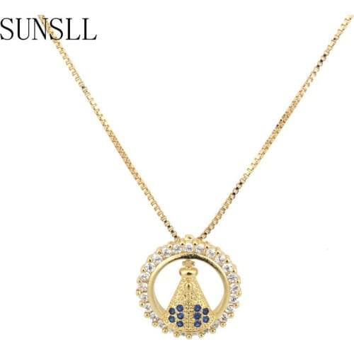SUNSLL New Gold Copper Necklace Blue / White Cubic Zirconia Round Small Pendant Necklace Women Fashion Religious Jewelry gifts