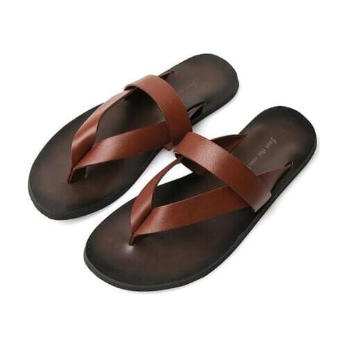 Outside Mens Slippers Flat With Beach Fashion Genuine Leather Summer Flip Flops Sewing Solid Men Shoes