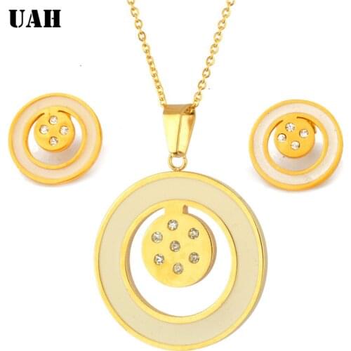 UAH Jewelry Sets Top 316L Stainless Steel Zircon Double Round Pendant Necklace Small Stud Earring Wedding Jewelry Set