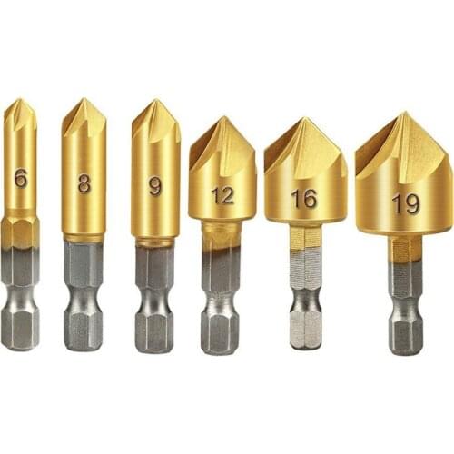 6pcs/set 5 Flute Chamfer Countersink 1/4" Hex Shank HSS Wood Chamfering Cutter Chamfer 6/8/10/12/16/19mm Countersink Drill Bit