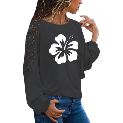 Hawaiian Hibiscus Flower Print Female T Shirt Funny Teeshirt Women Clothing Casual Long Sleeve Large Size Loose Lace Tops Tee