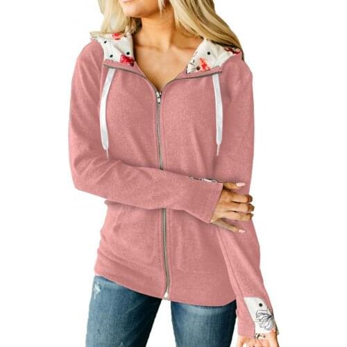Ele-choices Autumn Winter Women Long Sleeve Floral Print Hood Zipper Hoodie Coat Outerwear