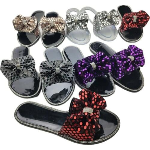 2021 Summer Women Slippers Glitter Bow Slides Ladies Crystal Diamond Sandals Slip on Rpund Toe Jelly Flat Beach Flats Shoes