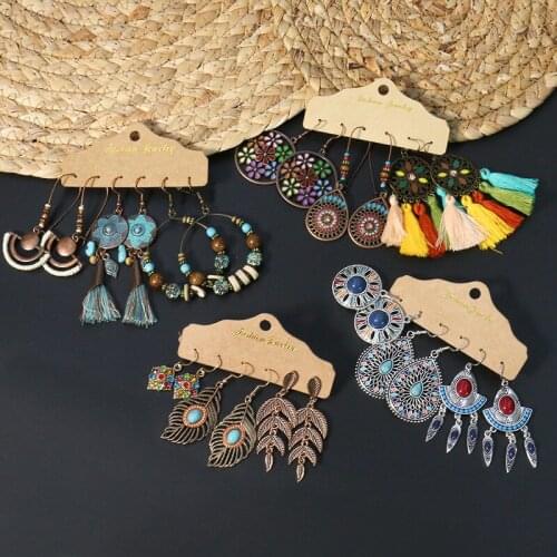 BUDROVKY Vintage Boho Flower Moon Earrings For Women Feather Sun Dangle Earring Set 2020 Fashion Ethnic Earrings Jewelry