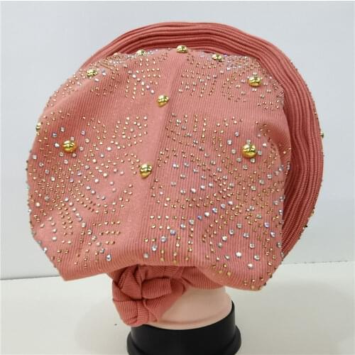 Women head wrap beaded lace african headtie nigerian gele headties with stones sewing fabric for party 1set