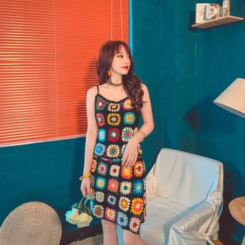 National Style Hand-Knitted Short Short Camisole Knit Vest Womens Hollowed Smock Super Fire Half Skirt Suit