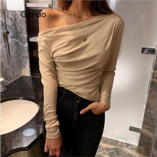 Casual One Shoulder Women Top Summer Long Sleeve T-Shirt Female Tops Sexy Asymmetric Slim Solid Ladies Tops Shirts