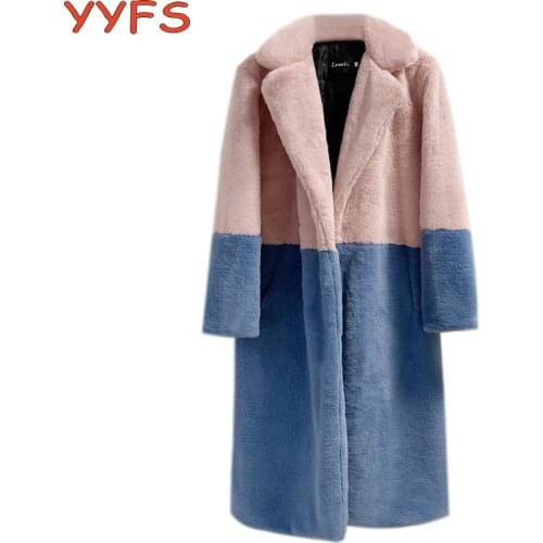 Womens Faux Rabbit Fur Coat Winter Warm Color Block Thick Long Jacket Turn Down Collar Warm Plush Overcoat Casaco Feminino 2021