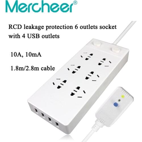 10A RCD leakage protection plug-socket 3-pin plug 6-outlet socket power strip with 4 USB outleets