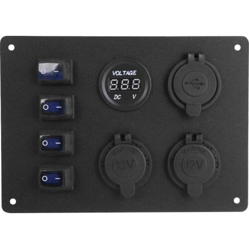 4 Gang Rocker Switch Panel Digital Voltmeter 3.1A Dual USB Ports Dual 12V Cigarette Lighter Socket Outlets for Car Marine Boat