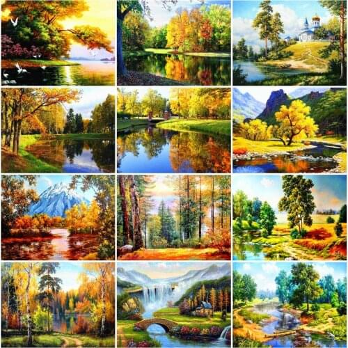 AZQSD Diamond Painting Tree River Cross Stitch Diamond Embroidery Landscape Mosaic Rhinestones Needlework Home Decor Gift