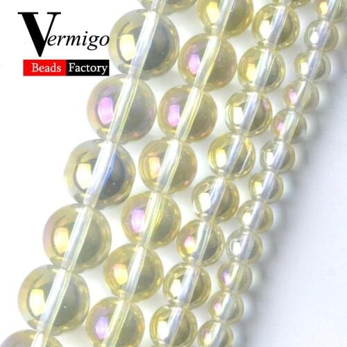 Natural Yellow Plated AB Glass Round Beads For Jewelry Making 6 8 10 12mm Spacer Loose Beads Diy Bracelets Jewellery 15
